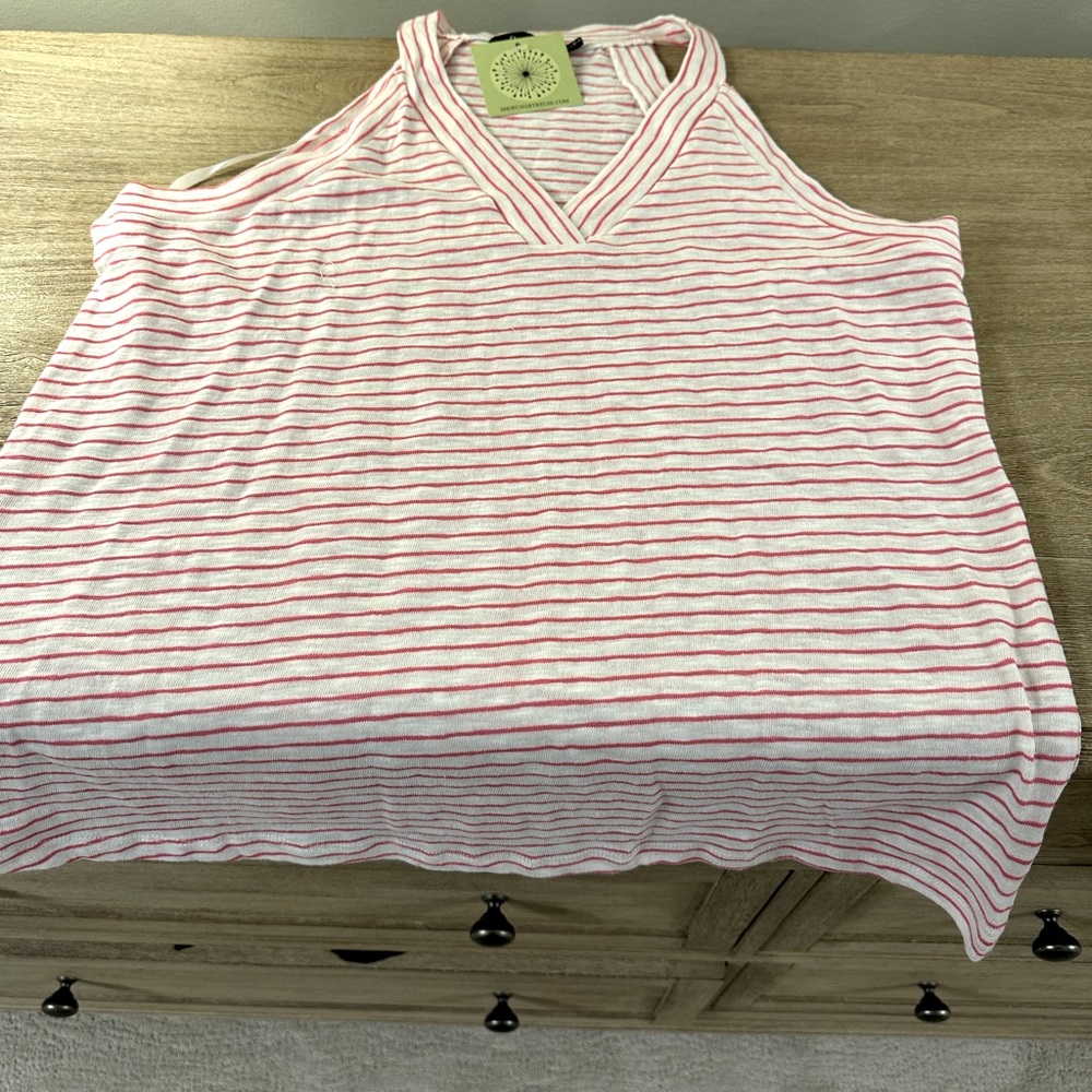 NWT halter style top. Pink stripes on slub white fabric.